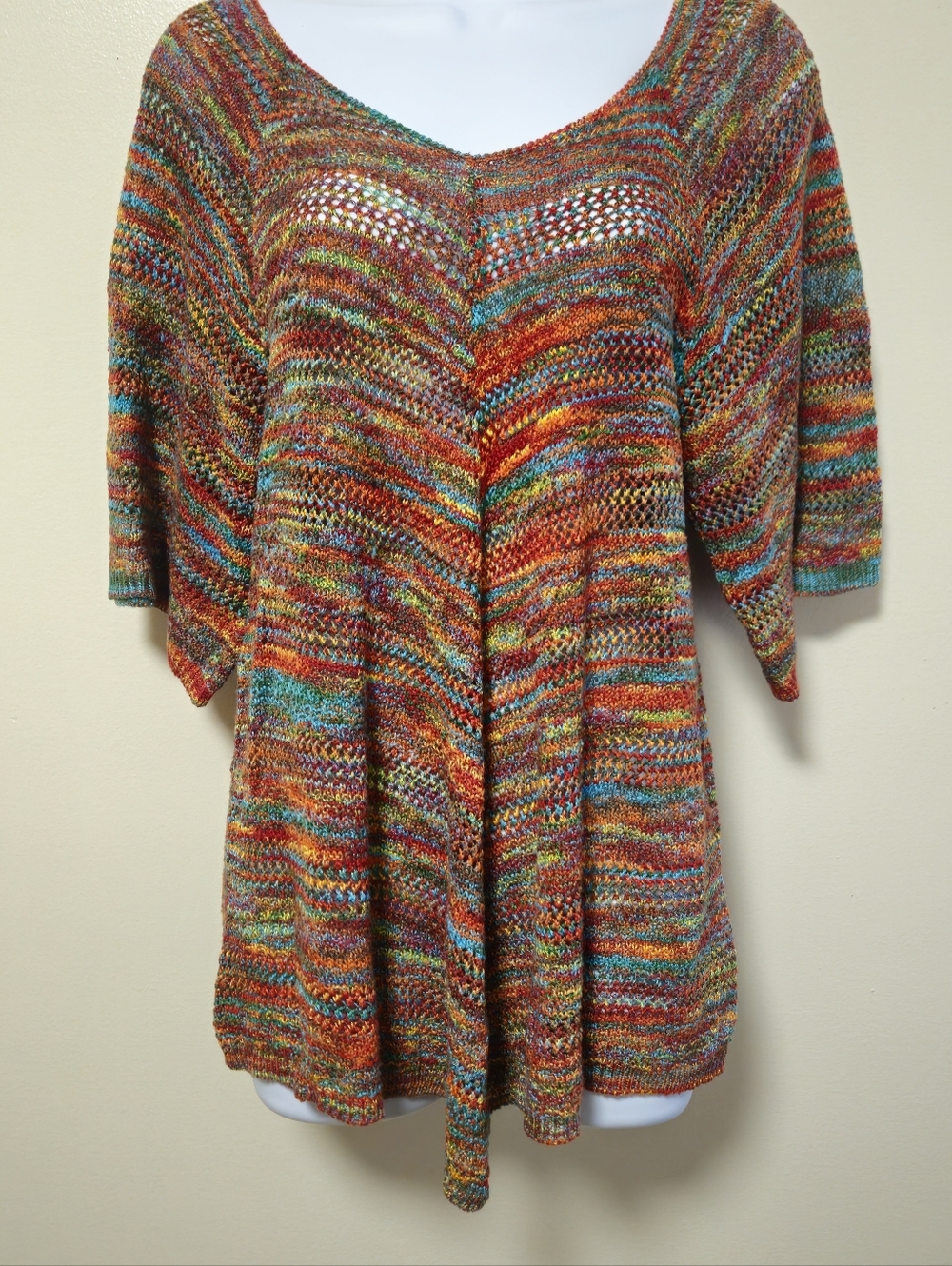 Faded Glory Double V Neck Sweater Boho Y2K Tunic Sunset Cozy Fall Women Large